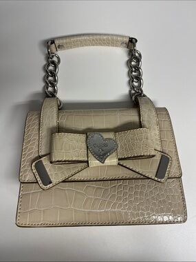 GUESS Cream Croc-Embossed Mini Satchel with Bow and Heart Lock